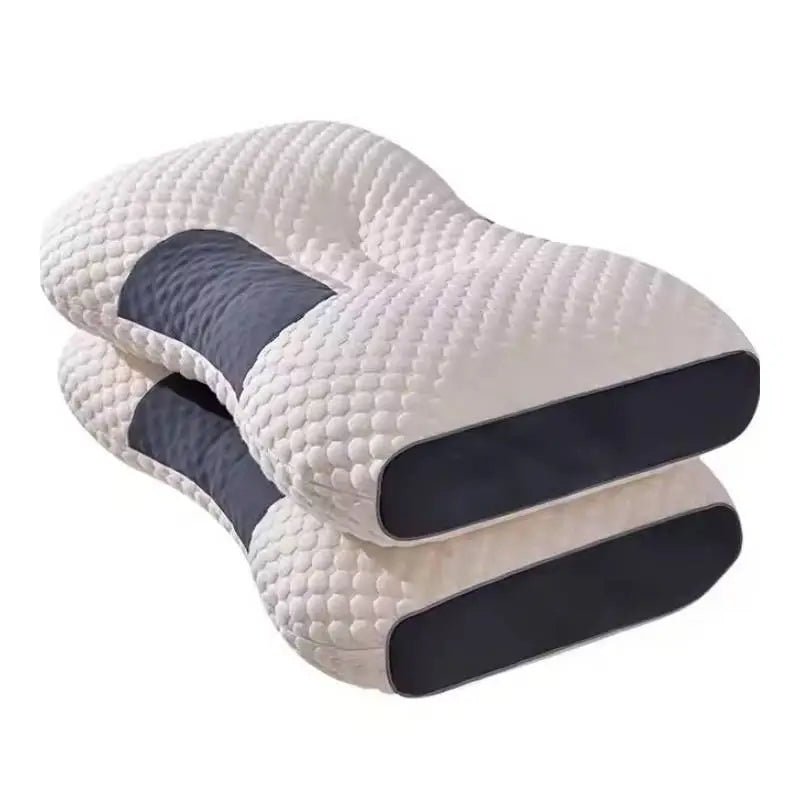 Almohada ergonómica 3D de color gris con diseño de soporte cervical.