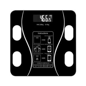 Báscula electrónica BMI inteligente negra con pantalla LCD retroiluminada.