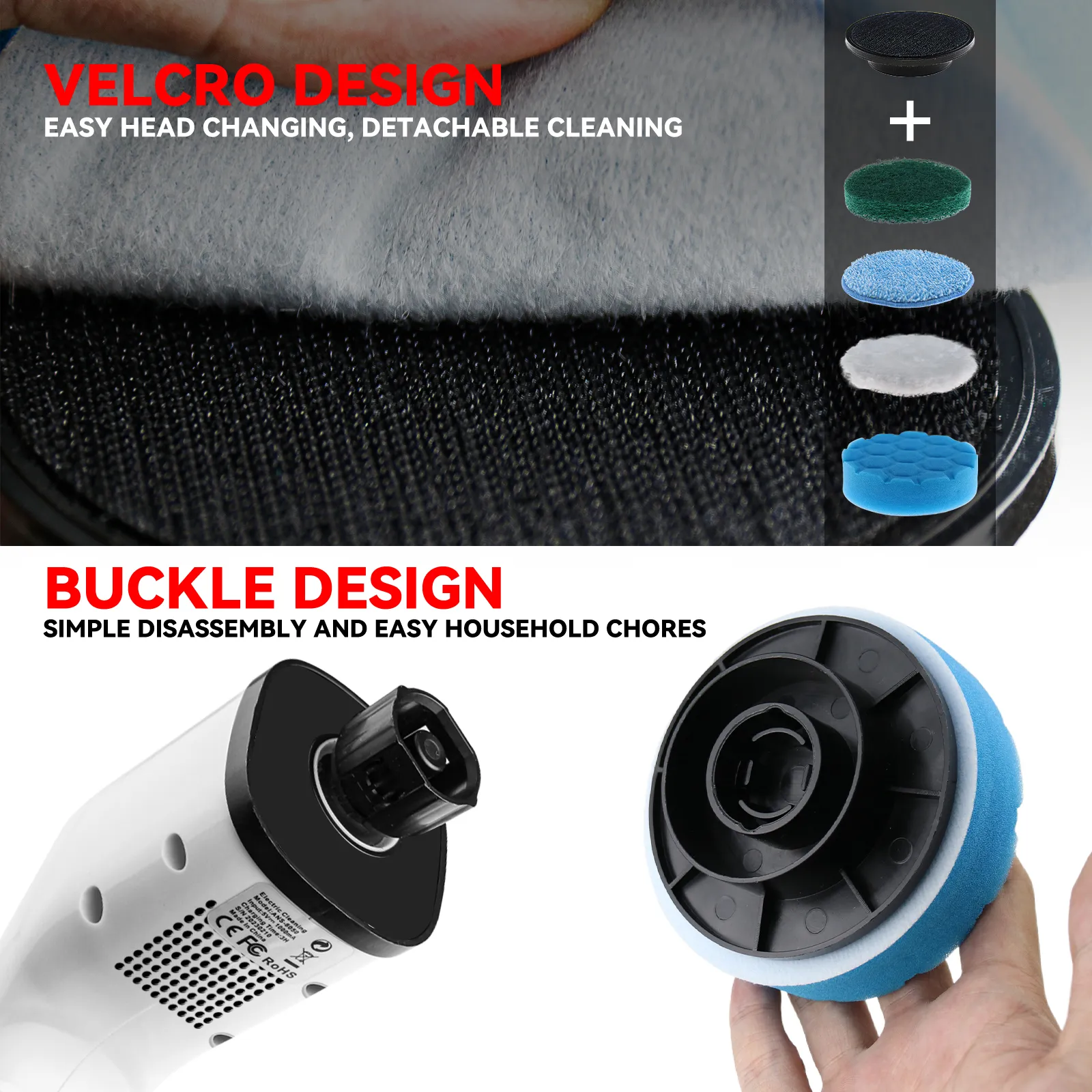 Cepillo de limpieza giratorio inalámbrico color blanco con cabezal de esponja.