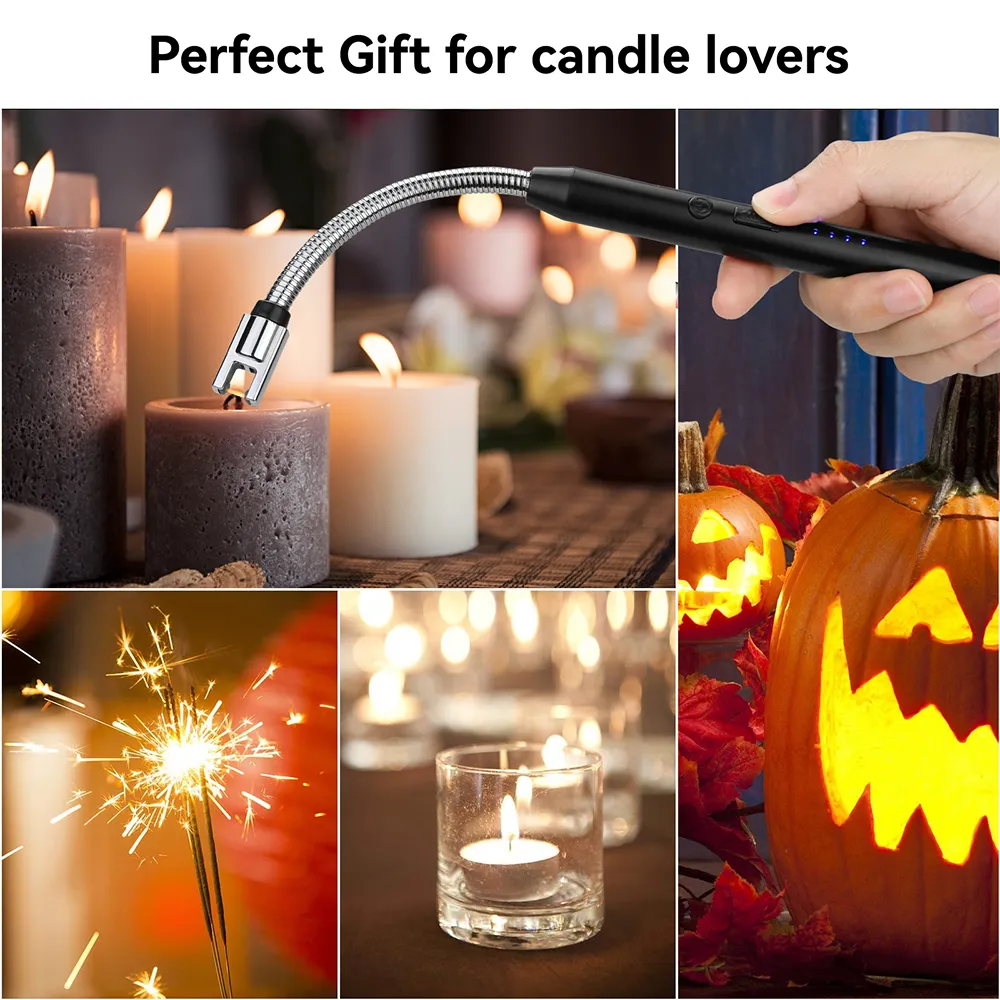 Persona encendiendo una vela aromática con el arco de plasma eléctrico.