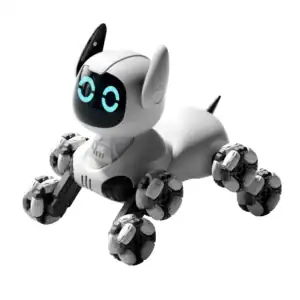 Perro robot acrobático de 8 ruedas color blanco en posición de salto