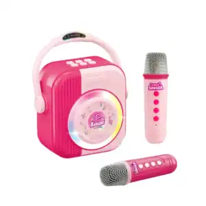 Set de karaoke infantil con bluetooth rosa con dos micrófonos inalámbricos.