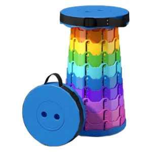 Taburete retráctil plegable color celeste con diseño telescópico extendido